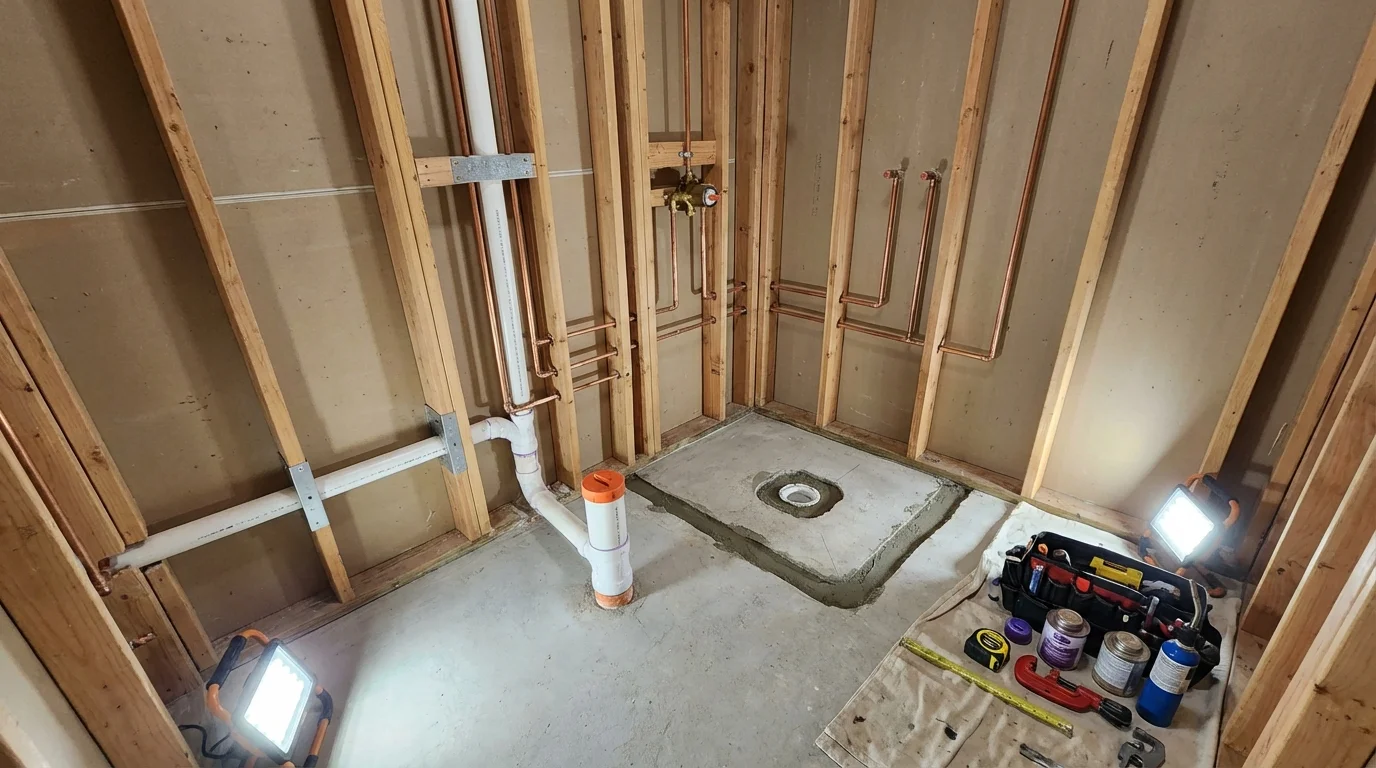 Bathroom rough-in plumbing during remodel by Johns Plumbing LLC in Poplar Grove