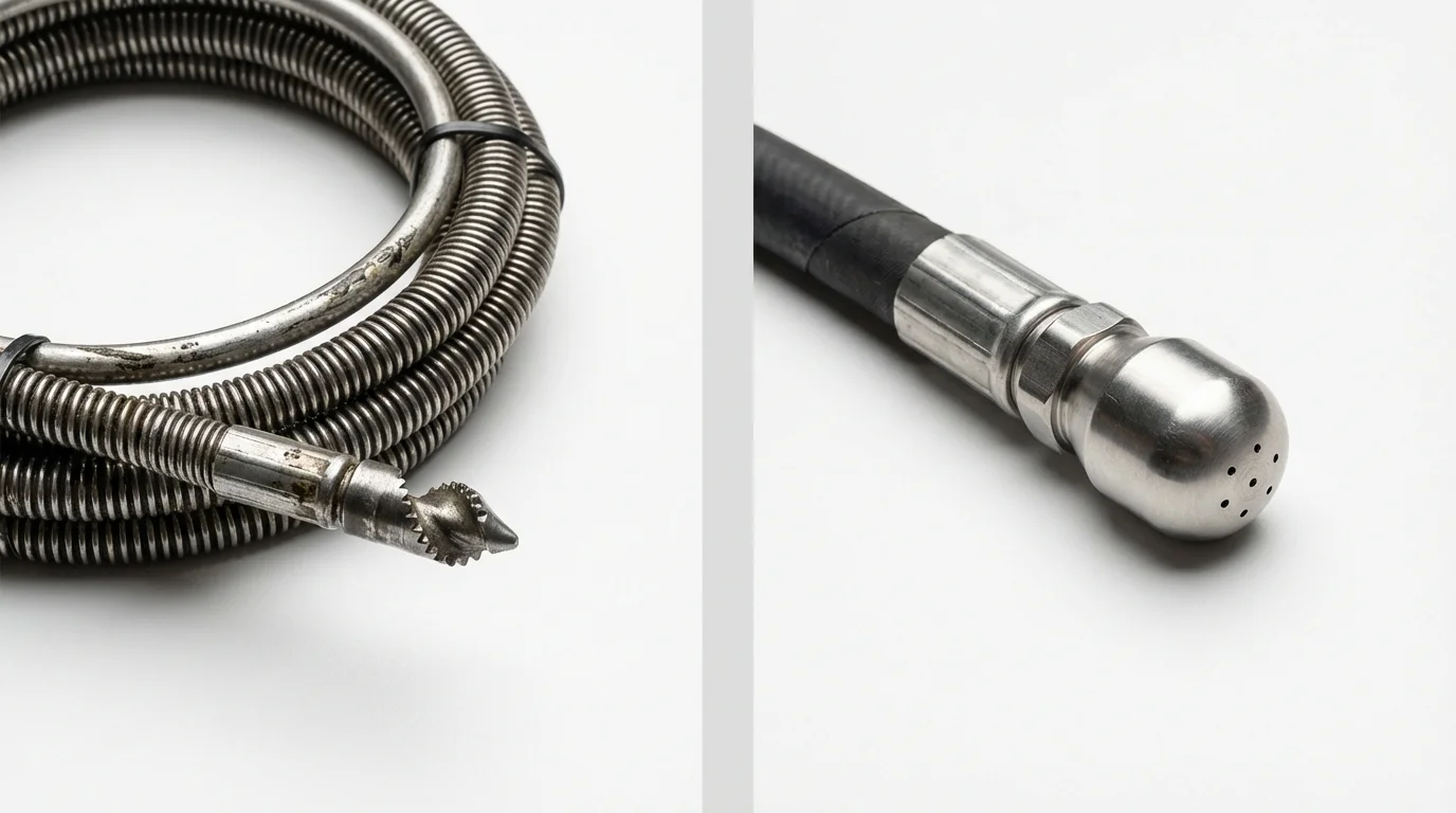 Drain snake cable and hydro jetting nozzle used for drain cleaning in Poplar Grove, IL