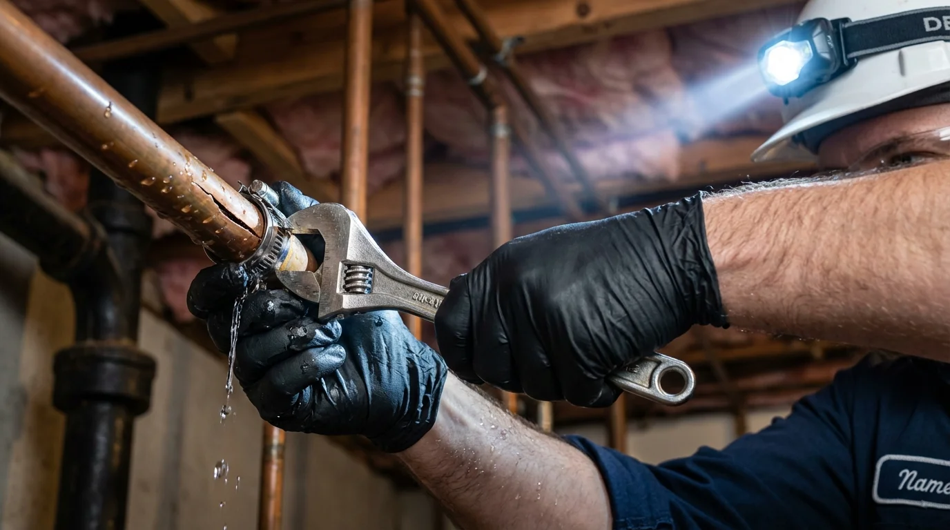 Emergency pipe clamp repair being performed by a Johns Plumbing LLC plumber in Poplar Grove