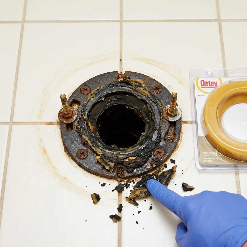 Failed wax ring showing water seepage at the base of a toilet in a Poplar Grove, IL home