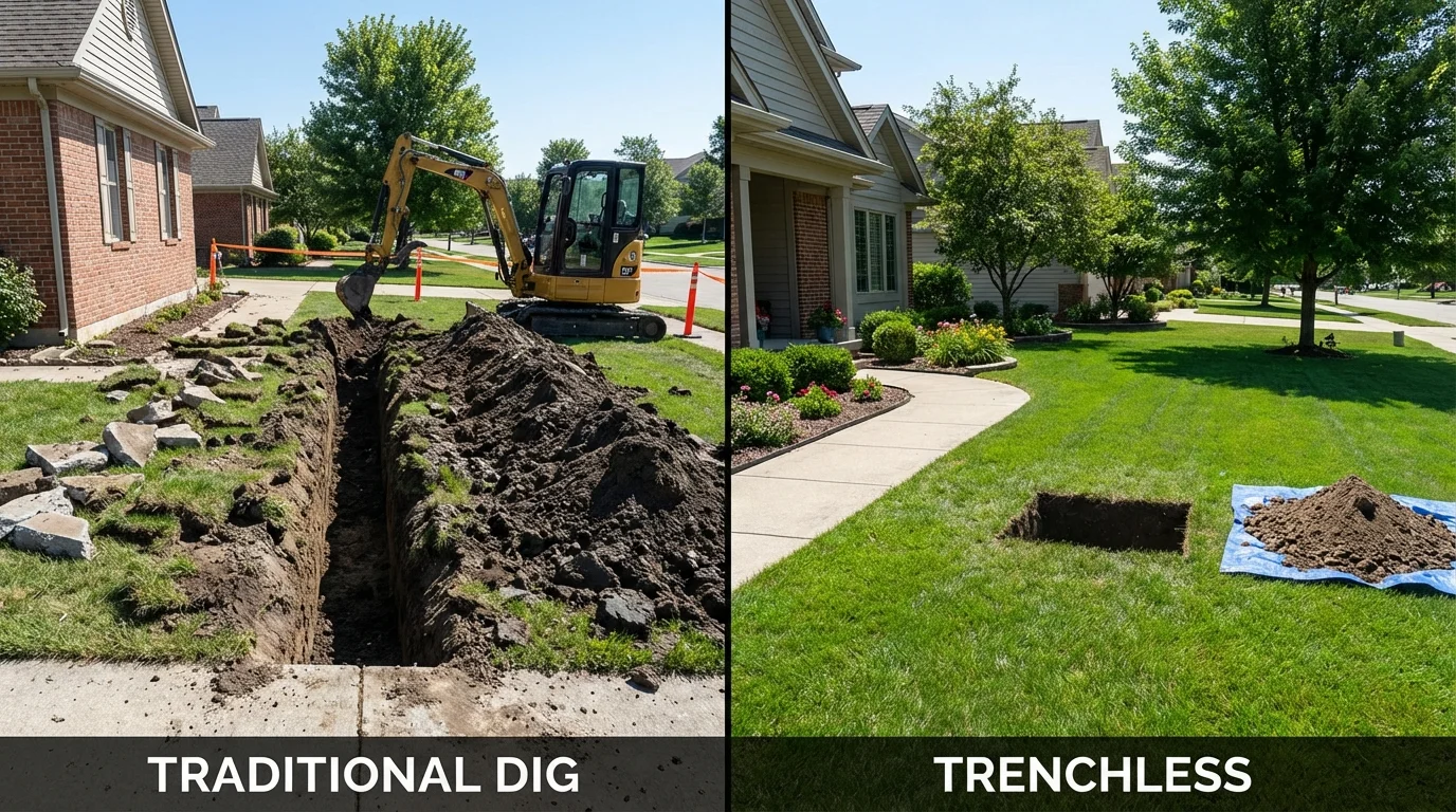 Trenchless sewer repair with minimal yard damage versus traditional excavation in Poplar Grove, IL