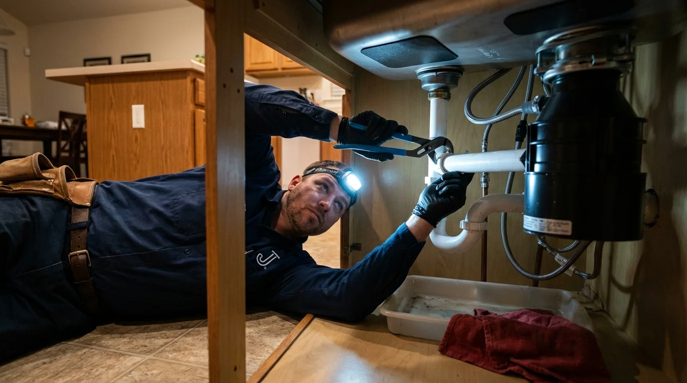 P-trap and supply line connections under a kitchen sink showing a common leak point in Poplar Grove, IL
